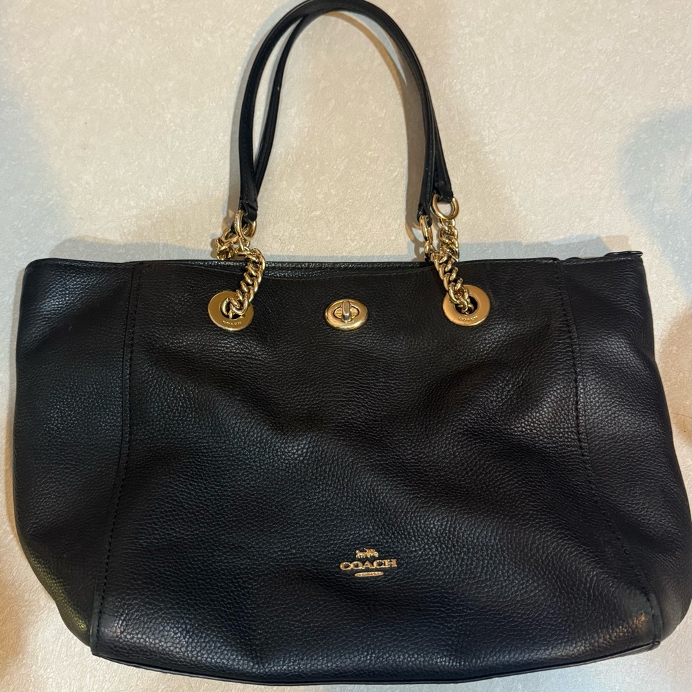 Coach Black Leather Tote with Gold Accents